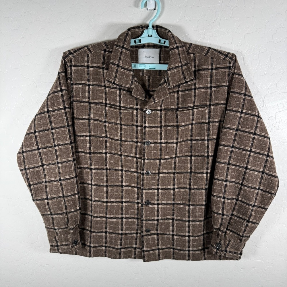 Saturdays NYC Shirt Mens Large Brown Flannel Shacket Jacket Plaid Pockets